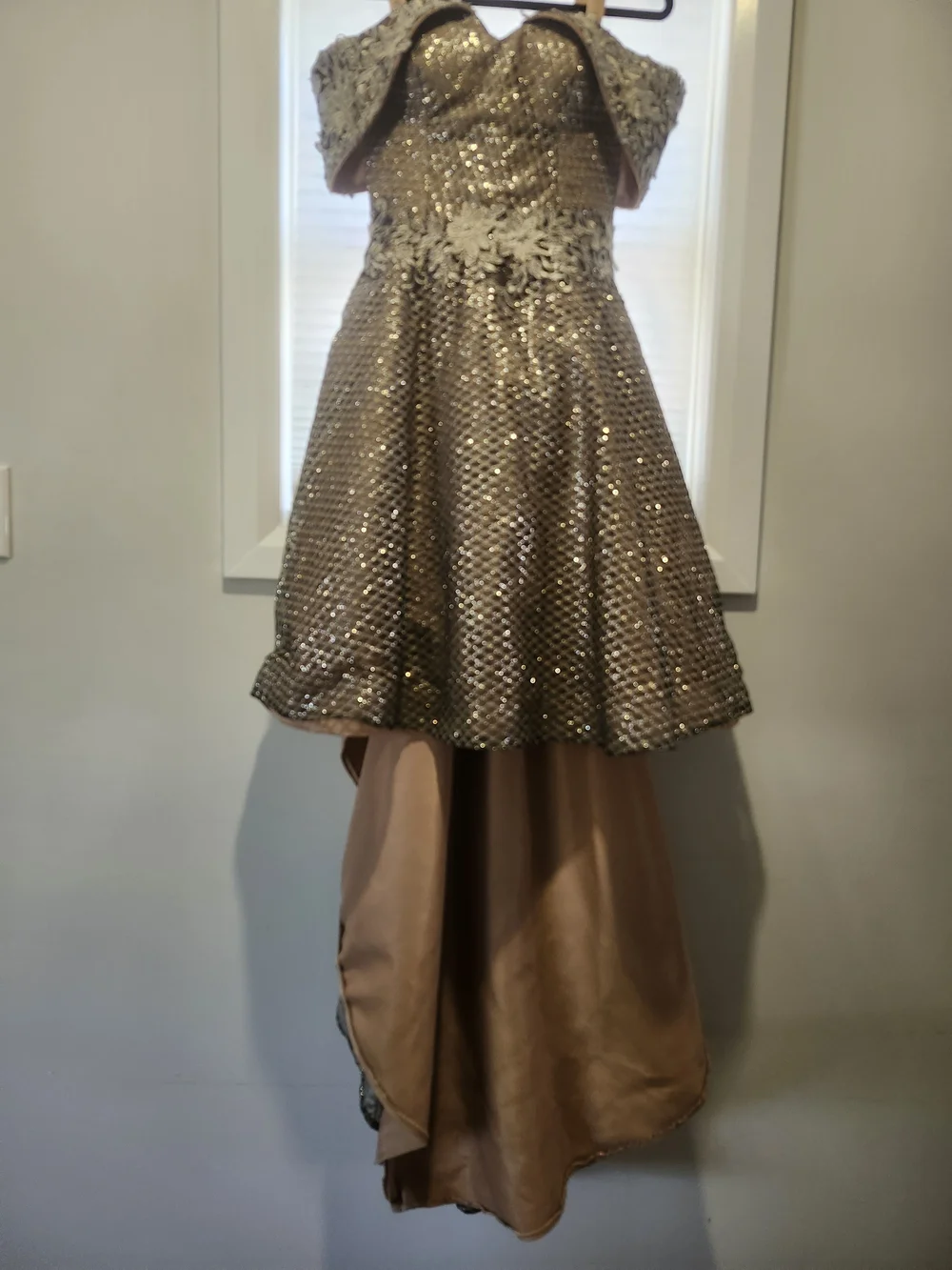 Off-Shoulder Metallic Bronze High-Low Cocktail Dress - Picture 4 of 5